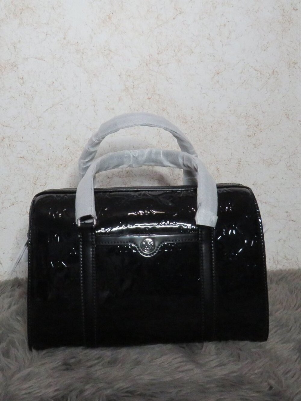 Michael Kors Jet Set Medium Metallic Logo Debossed Satchel (Black)